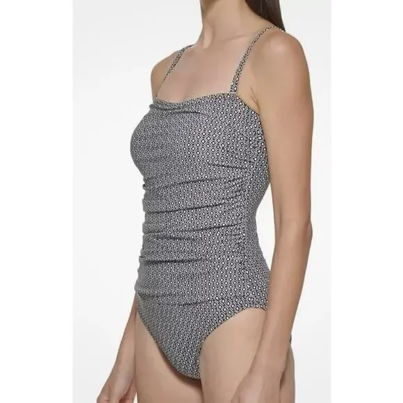 DKNY Women's Black & White Geometric Print Adjustable Strap One Piece Swimsuit L - Picture 2 of 13